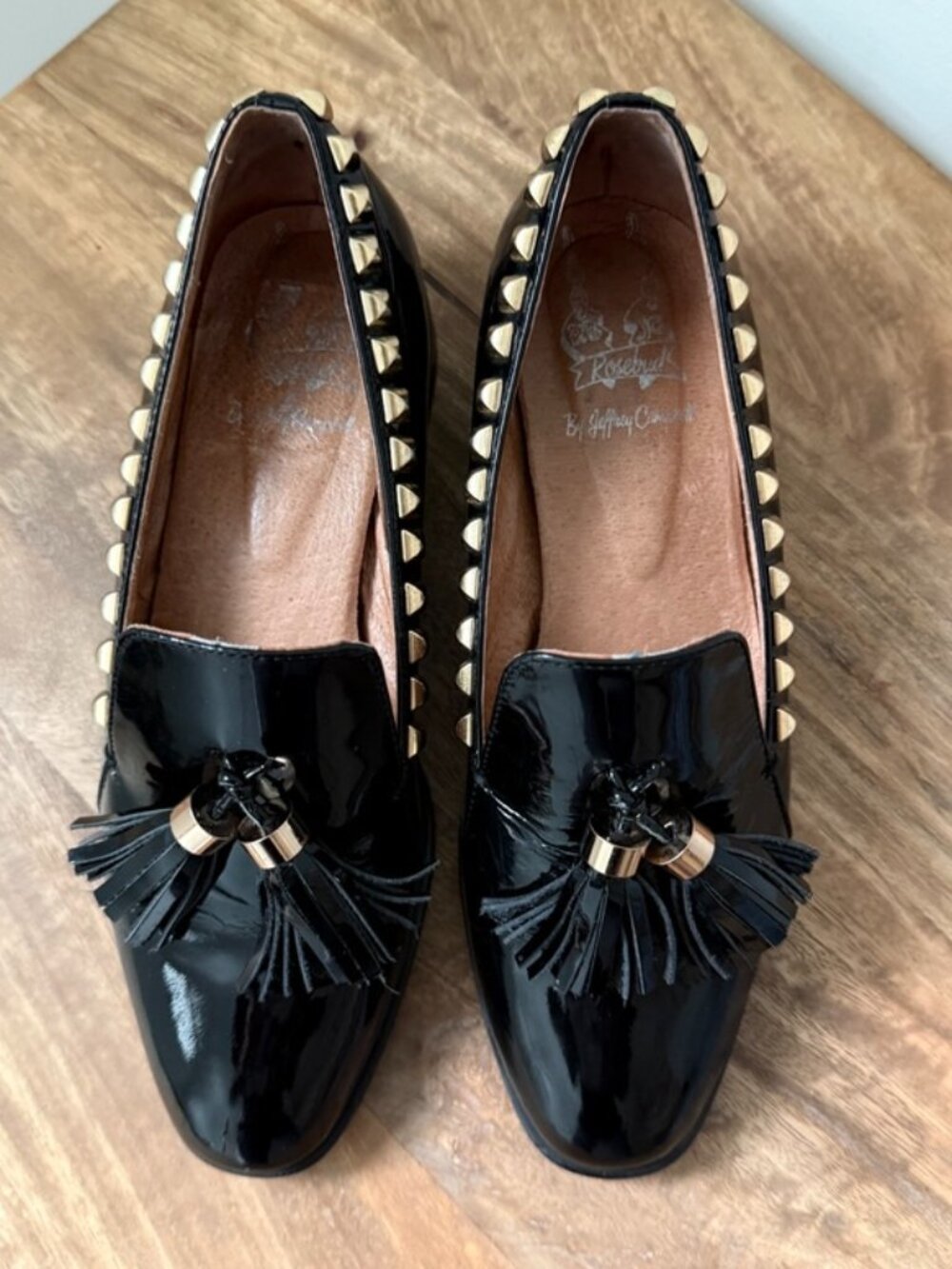 Rosebud by JEFFERY CAMPBELL Black Patent Studded Tassel Loafers Punk Flat 37 - Picture 3 of 11